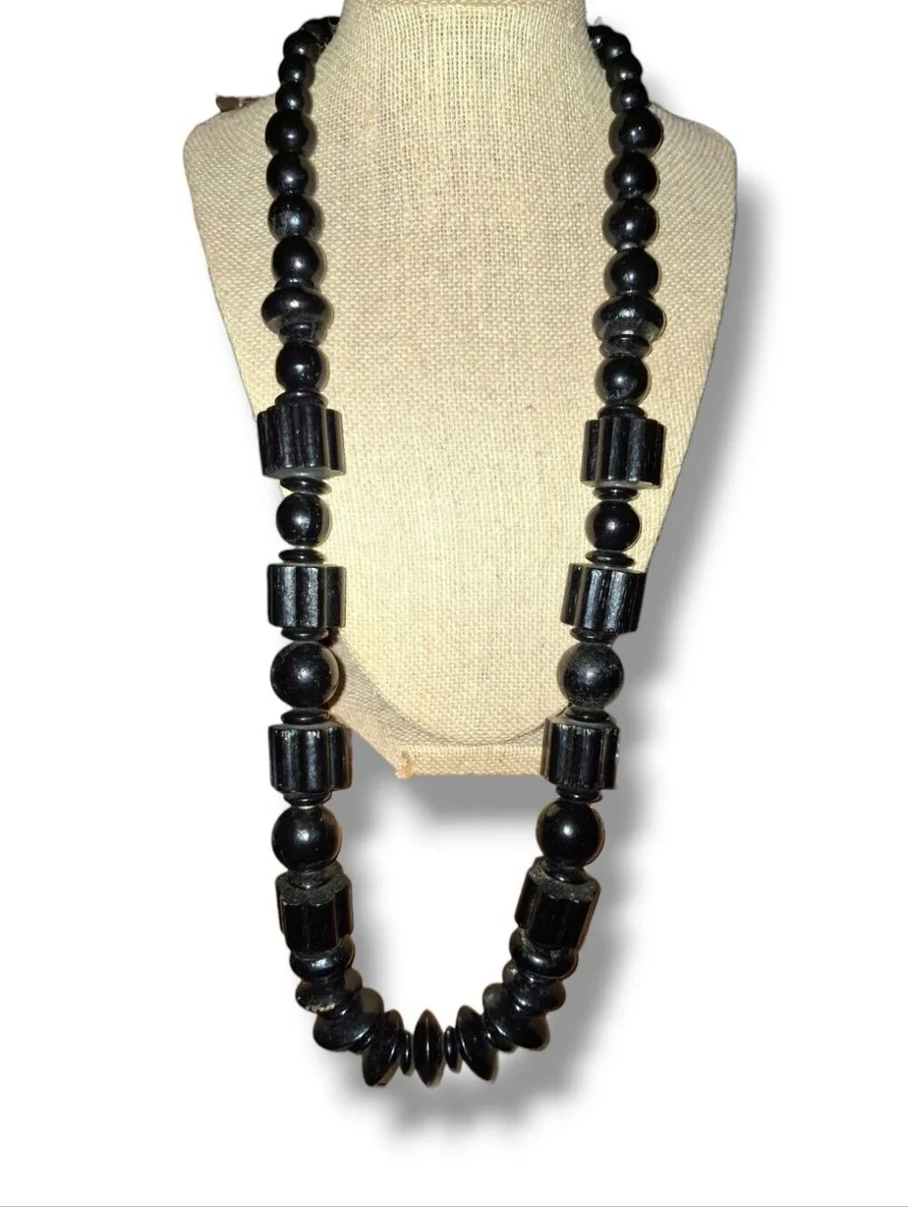 Black Bead Statement Necklace - Vintage Lightweight Geometric Chunky